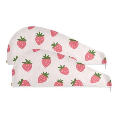 Imagem de SEHANY Toalha de cabelo de microfibra de morangos rosa aquarela para mulheres, 2 peças, turbantes de cabelo de secagem rápida com botão, touca de cabelo seco absorvente toalha de secagem de cabelo