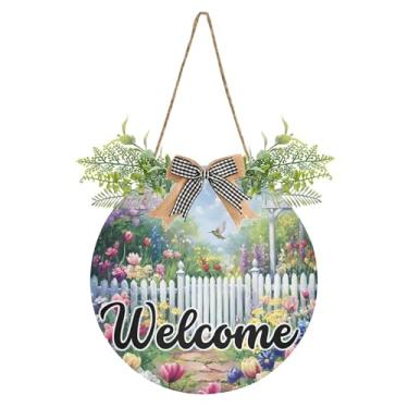 Imagem de SEHANY Placa de boas-vindas com flores de jardim, decoração de porta da frente, guirlanda de boas-vindas redonda para decoração de casa de fazenda, varanda, pátio, 30 x 30 cm