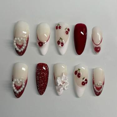 Imagem de Unhas postiças curtas médias amêndoas francesas brancas com laço 3D simples cereja coração pérola glitter Desien cobertura completa cola acrílica falsa em unha para mulheres, 24 peças
