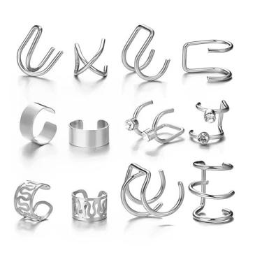 Imagem de Kit 12 Brincos Prateado Feminino Pressão Conjunto Modelos Sem Furo Moda