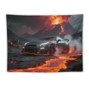Imagem de HouLaiZhe JDM Tapeçaria de carro Guerreiro Preto R35 Vulcão Erupção Lava Pendurar na Parede Quarto Decoração de Casa Tapeçarias Estética Piquenique Decoração de Parede Arte de Parede para Dormitório
