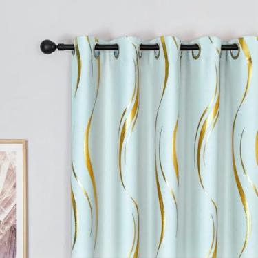 Imagem de MYRU 1 par de cortinas blackout verdes para quarto, cortinas listradas de luxo para sala de estar (verde claro e dourado, 2 painéis 137 x 163 cm)