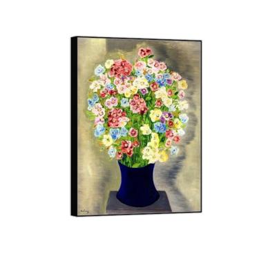 Imagem de Pintura de arte de parede de flores - imagem de decoração vintage - buquê em vaso azul - impressões em tela moldura preta para sala de estar 70 x 100 cm 27 x 39 pol