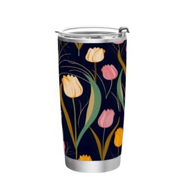 Imagem de Wassud Copo colorido tulipas 590 ml com tampa e canudo de aço inoxidável parede dupla copo isolado caneca de café de viagem para bebidas frias e quentes