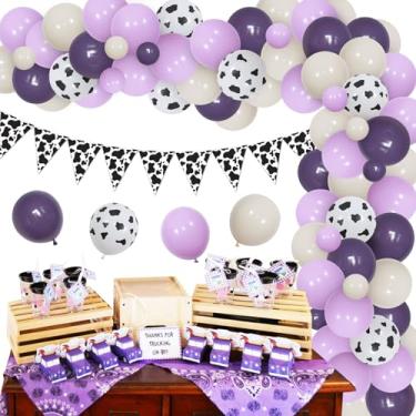 Imagem de Balterever Decorações de festa de vaca roxa com balões de vaca roxa, kit de arco de guirlanda com bandeiras de galhardete de vaca, tema de fazenda, artigos de festa de aniversário para festa de