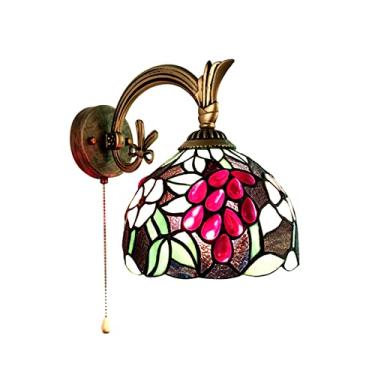 Imagem de Arandela de parede estilo Tiffany, vintage, com vitrais artísticos e corrente de acionamento. Ideal para decoração campestre de quartos, corredores e escadas. Cor: E27, cor uva.