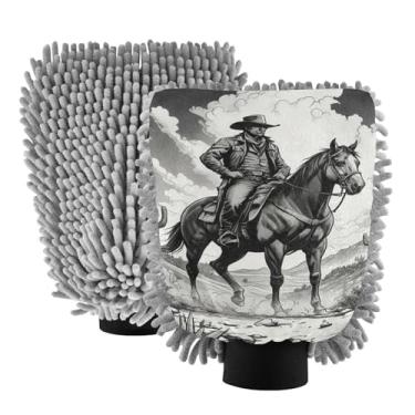 Imagem de STAYTOP Cowboy Rides A Horse Across The Desert Luvas de lavagem de carro, 2 peças, luvas de microfibra de chenille, sem arranhões, panos de esponja de lavagem ultra absorventes para carros, limpeza