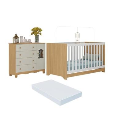 Imagem de Berço Americano 3 em 1 com Colchão Incluso e Cômoda 1 Porta 4 Gavetas Ternura Multimóveis Mp4734 Madeirado/off White
