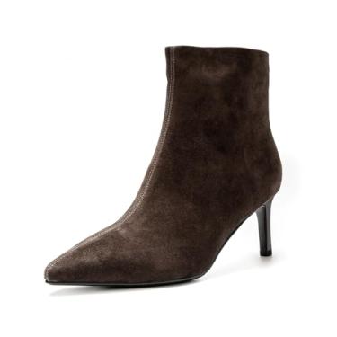 Imagem de ONEENO Botas femininas clássicas de camurça com bico fino e cano curto, Marrom escuro, 34