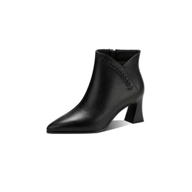 Imagem de TinaCus Bota feminina com corte em V em couro legítimo, feita à mão, bico fino, salto carretel, botas curtas, Preto, 38