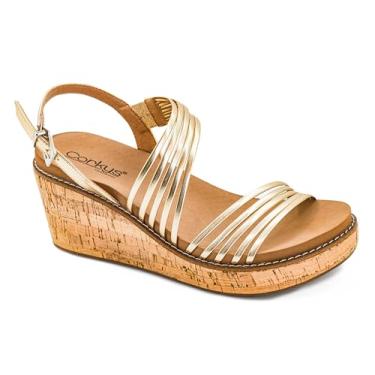 Imagem de Corkys Footwear Sobre Last Night Wedge – Com um salto de 6,3 cm, uma palmilha acolchoada de EVA para uso o dia todo, um cabedal com tiras e uma sola envolta em cortiça, Dourado, 40