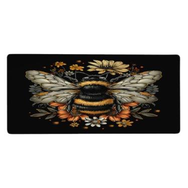 Imagem de Tapete de mouse grande com flor de abelha preta à prova d'água para computador estendido tapete protetor de mesa antiderrapante base de borracha para escritório, computador, teclado, laptop e mesa de