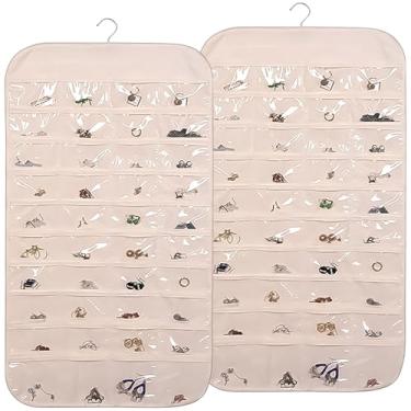 Imagem de ZFLYCANP Organizador de joias para pendurar, rolo organizador de joias de dupla face com 80 bolsos e gancho, janela de PVC transparente giratória portátil para brincos, colares, anéis na porta da