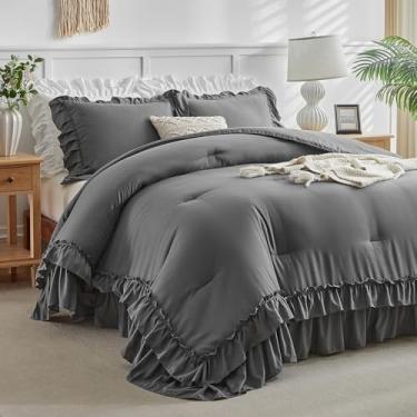 Imagem de Conjunto de edredom King com babados cinza escuro, 3 peças de edredom vintage chique, cor lisa, leve e macio, para todas as estações (1 edredom com babados + 2 fronhas)