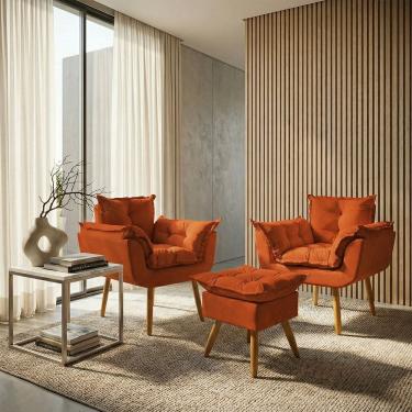 Imagem de Kit 2 Poltronas Decorativa e Puff Para Sala Recepção Manicure Consultório Quarto Alice Tecido Suede