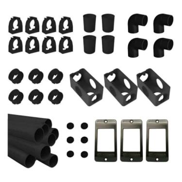 Imagem de Kit Instalação Elétrica Aparente 3/4", 36 Peças, Preto, PVC, com Abraçadeiras, Adaptadores, Caixas, Eletrodutos, Joelhos, Luvas e Placas 3 Teclas (Preto)