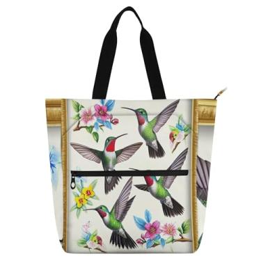 Imagem de Bolsa feminina com flores de beija-flor, bolsa de trabalho de lona, praia, livros, zíper, professores, presente para amantes de livros