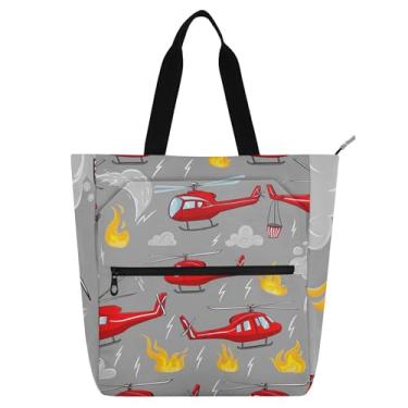 Imagem de GAIGEO Helicópteros vermelhos cinza fogo bolsas de trabalho para mulheres bolsa escolar de lona com zíper bolsas de tecido amantes de livros