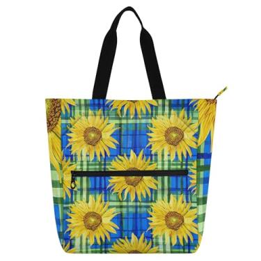 Imagem de GAIGEO Sacola amarela girassóis azul guingão para mulheres, bolsas de tecido de lona de trabalho, faculdade, escola, senhoras, crianças, bolsas com compartimentos