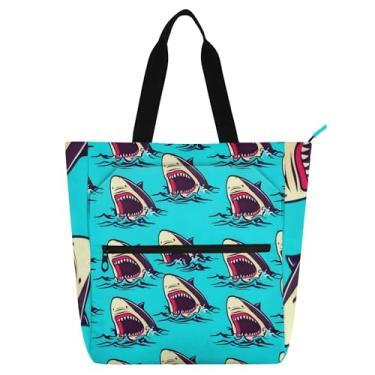 Imagem de Sacola feminina azul com desenho animado de tubarões para trabalho, lona, praia, escola, carteiro, bolsas, livros, presente