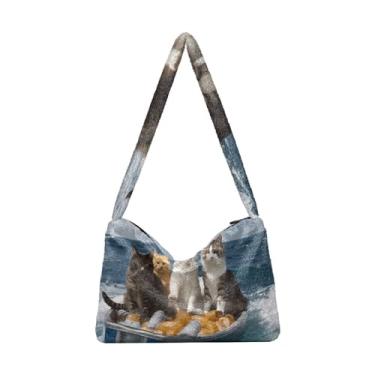 Imagem de Linda bolsa de ombro feminina com penas de pavão azul e verde, bolsa de ombro média, bolsas para livros para mulheres, Três gatos à vela a bordo, One Size