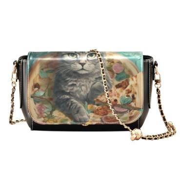Imagem de GAIGEO Bolsa tiracolo de couro Cat Lying on a Pizza on Water, bolsa de ombro de couro, bolsa transversal de couro para mulheres, Gato deitado em uma pizza na água, One Size