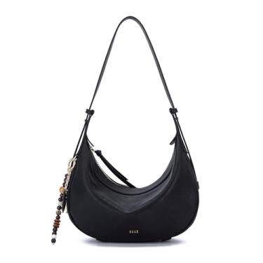 Imagem de ELLE Bolsa de ombro Hobo de couro legítimo, média, Preto