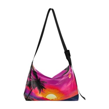 Imagem de Bolsa tiracolo de couro com pintura abstrata dourada e preta branca, bolsas Hobo grandes para mulheres, Pôr do sol vintage de praia-1, One Size