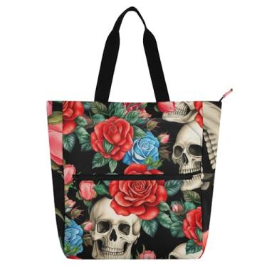 Imagem de Skulls Red Roses Bolsas femininas para trabalho lona faculdade escola bolsas bolsas professores livros presente amante