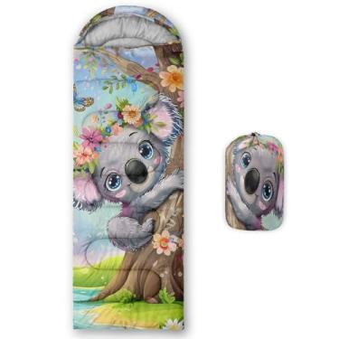 Imagem de AILONEN Saco de dormir kawaii coala, para 3 estações, clima quente e frio, leve, impermeável, saco de dormir floral com desenho animado de coala para crianças, meninos, meninas, viagens, atividades ao