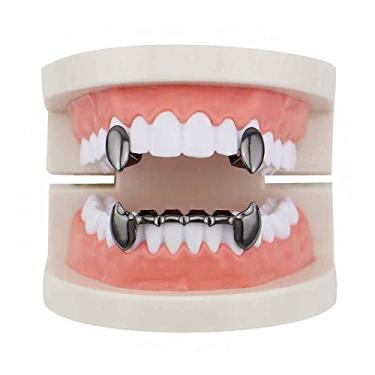 Imagem de Psivika Bonés de dentes hip hop brilhantes banhados a ouro com zircônia cúbica gelada superior e inferior presas de vampiro Grillz para homens e mulheres, Medium, latão, Strass
