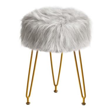 Imagem de IBUYKE Banqueta de pele sintética, banqueta de maquiagem peluda, assento acolchoado macio, apoio para os pés redondo com 4 pernas de metal, para sala de estar e quarto, entrada, cinza LG-32G