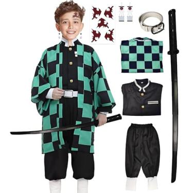Imagem de UQJE Conjunto de quimono infantil Kamado Tanjir Cosplay Anime Tanjir Cosplay Outfit Halloween com espada retrátil