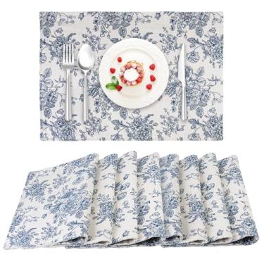 Imagem de Jogo americano de pano, conjunto de 8, 33 x 48 cm, jogo americano floral de linho, lavável na máquina, tapetes de mesa retangulares para mesa de jantar, decoração de mesa de cozinha de casamento e