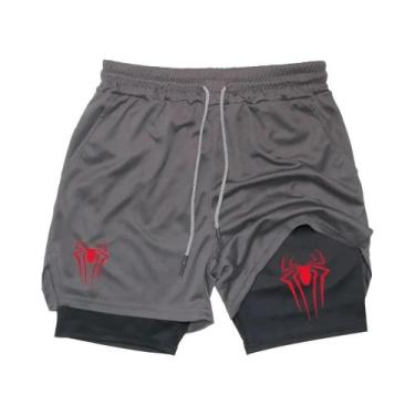 Imagem de Shorts Esportivos Masculinos Com Estampa De Aranha, Compressão 2 Em 1,
