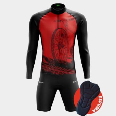 Imagem de Conjunto de Ciclismo Masculino Camisa Bike Roda Vermelha Manga Longa Bermuda Forro Espuma-Masculino