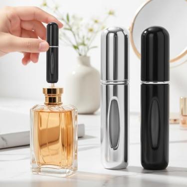 Imagem de Mini perfume recarregável, atomizador de perfume recarregável, frascos de spray, portátil para viagens, férias, atividades ao ar livre e negócios (5 ml), Preto + prata, 2 peças