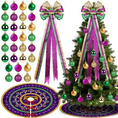 Imagem de O conjunto de decoração de árvore de carnaval inclui arcos de serapilheira verde dourado roxo e saia de árvore 30 enfeites de bola de glitter para pendurar para carnaval em casa, decoração interna e