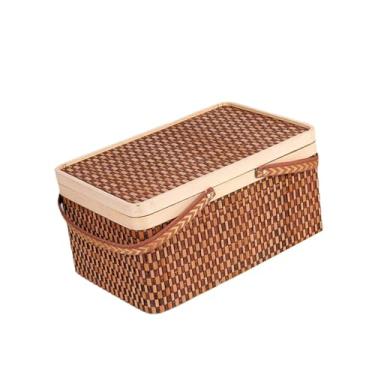 Imagem de predolo Cesta de bambu trançado com tampa e alça, organizador de alimentos e lanches, ideal para frutas, pães, da lua outros pães, Marrom Escuro