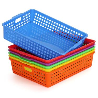 Imagem de AZFUNN Bandejas para sala de aula, pacote com 6 cestos de armazenamento de plástico, bandeja de papel para sala de aula, escritório, casa, organizador de arquivos de mesa, caixas de armazenamento 13,6