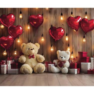 Imagem de Lsseauto Pano de fundo de feliz dia dos namorados de 3 x 2,4 m, balão de coração vermelho, lindos ursos de pelúcia e pano de fundo de pilhas de presente, tema de dia dos namorados para decoração de