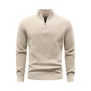 Imagem de Suéter Masculino De Inverno Quente Com Zíper, Gola Alta Em Tricô Waffl