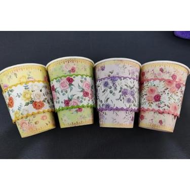 Imagem de AnyDesign 60 peças de copos de café de papel floral de 340 g com tampas e mangas copo descartável de flores coloridas de primavera para casamento, aniversário, chá de panela, feminino, artigos de