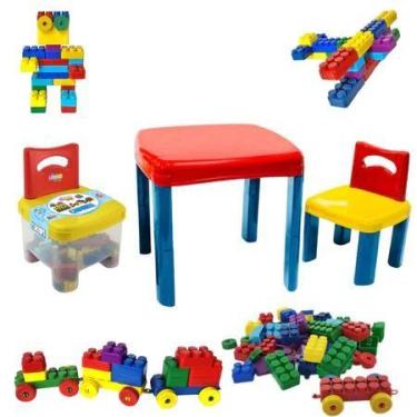 Imagem de Kit conjunto mesa infantil com cadeira + cadeira bau blocos 50 peças s