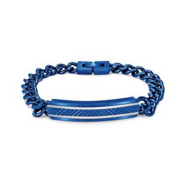 Imagem de Pulseira masculina de elos cubanos de aço inoxidável, 21 cm, design quadriculado em dois tons, preto, azul, dourado, One Size, Aço inoxidável, Sem Pedra Preciosa
