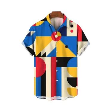 Imagem de Camisa Havaiana Masculina Colorida Com Estampa Geométrica 3D, Manga Cu