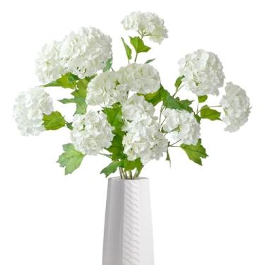 Imagem de Zythrem 5 peças de flores brancas falsas de seda artificial, buquês de hortênsias, hastes de hortênsia falsa para mesa de casa, decoração de festa de casamento