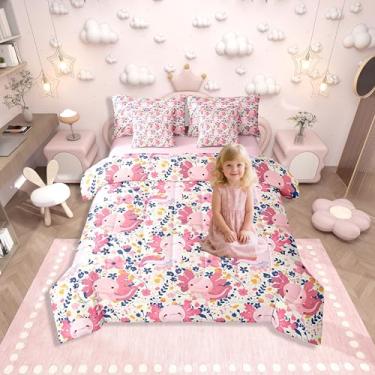 Imagem de Erosebridal Jogo de cama solteiro com estampa floral de axolotl rosa, 7 peças, flores, vida selvagem, salamandra, com lençol kawaii, oceano, folhas de animais e crianças, adolescentes e mulheres