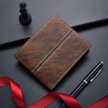 Imagem de Carteira masculina de couro dobrável – design vintage com aba curta, porta-cartões horizontal e porta-moedas, Café escuro, Carteira pequena