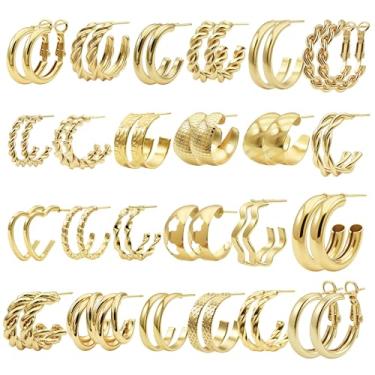 Imagem de Conjunto de 24 pares de brincos de argola de ouro para mulheres, pacote com vários brincos, hipoalergênicos, pérolas, grossos, torcidos, pequenos brincos, joias para presentes, Small, Latão, Sem pedra